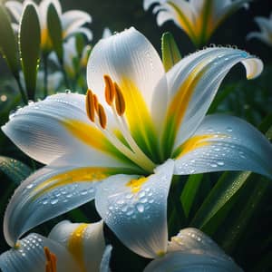 Vibrant Lily Bloom: White Petals with Yellow Pistil in Morning Dew