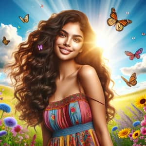 Stunning Hispanic Girl in Colorful Summer Dress Among Wildflowers