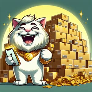 Prosperous Cartoon Cat Rich with Amazon Boxes |  Wealthy Feline on Phone