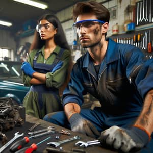 Professional Auto Repair Workshop: Male Mechanic & Female Apprentice