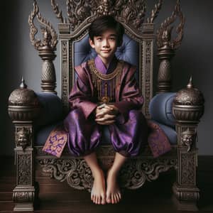Young Asian Prince on Ornate Throne in Majestic Purple
