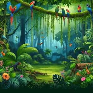 Lush Rainforest Scene with Tropical Flora and Wildlife
