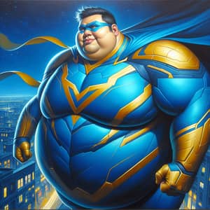 Plus-Size Male Superhero in Vibrant Blue and Gold Costume