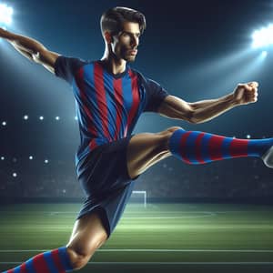 Dynamic Soccer Player in Blue and Red Kit | Stadium Lights
