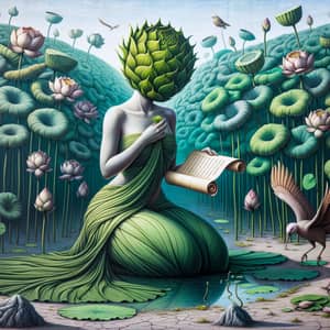 Serene Lotus Lady in Green Dress Surrounded by Justice Bird
