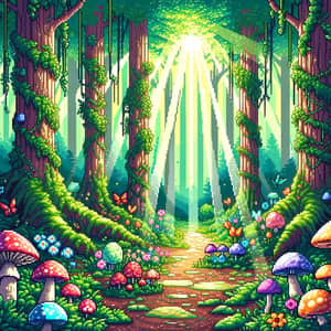 Magical Forest Pixel Art: Enchanting Scene with Glowing Mushrooms