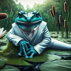 Elegant Blue Frog in White Suit - Nature & Style Fusion