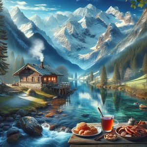 Serene Mountain Scene with Snow-Covered Peaks and Rustic Hut