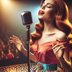 Passionate Singer with Long Red Hair in Vibrant Retro Outfit