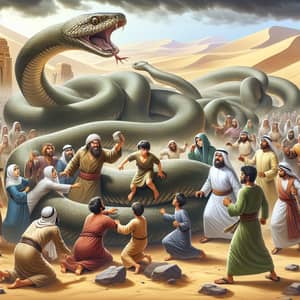 Courageous Boy Saves Diverse Crowd from Massive Snake in Arabian Nights Setting