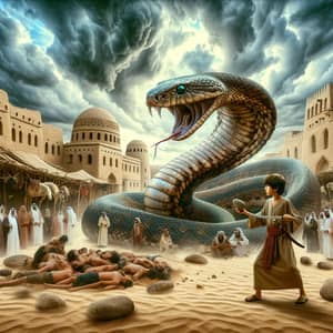 Pre-Islamic Arabian Era: Young Boy Defends Captive People from Giant Snake