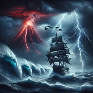 Abandoned Pirate Ship Brave Voyage Amidst Thunderstorm and Erupting Volcano