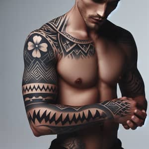 Male Tribal Sleeve Tattoo Design with Small Flower Motifs and Sharktooth