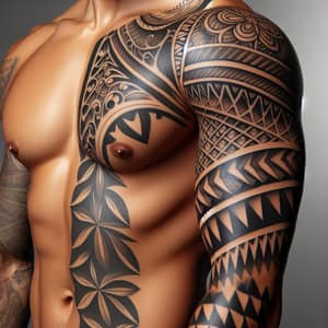 Geometric Sleeve Tattoo Design with Flower Motifs & Sharktooth Tribal Essence