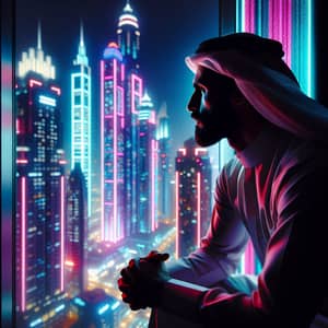Man Looking Out Window at Neon Skyscrapers | City's Electrifying Energy