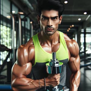 Fit South Asian Man Lifting Silver Dumbbell in Neon Green Apparel