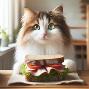 Captivated Brown and White Cat with Homemade Sandwich