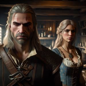 Male Witcher and Middle-Eastern Sorceress in Rustic Tavern Scene
