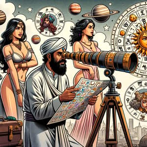 Comic Style Astrology Transits: South Asian Astrologer and Celestial Planets