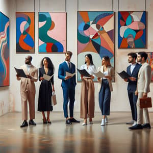 Abstract Art Gallery | Art Buyers Admiring Vibrant Paintings