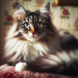 Detailed Image of Grey and White Fluffy Cat on Red Pillow