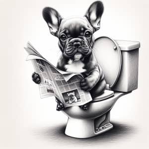 Adorable French Bulldog Puppy Sketch on Toilet Reading Newspaper