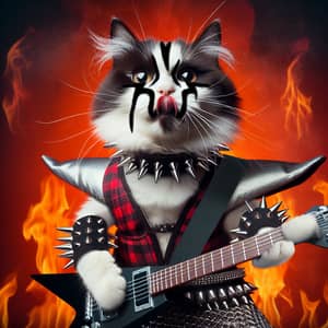 Metal Style Cat Playing Guitar with Fiery Stage Backdrop