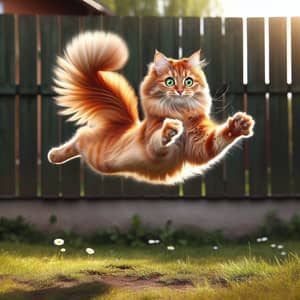 Vibrant Orange Cat Leaping Playfully in Sunny Yard