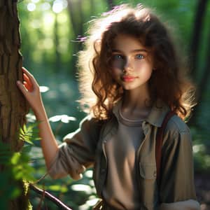 Curly Girl with Blue Eyes in Natural Woodland Setting