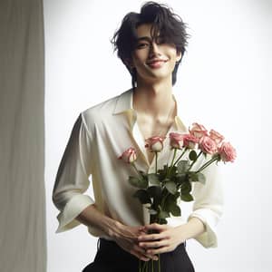 Graceful East Asian Male Pop Singer with Bouquet of Roses