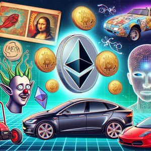 Cryptocurrency Tokens: MEM, Tesla, Ethereum Artwork