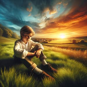 Golden Hour Sunset Portrait: Young Boy On Lush Green Grass
