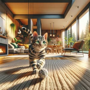 Adorable Tabby Cat Playfully Chasing Yarn in Vibrant Home Setting