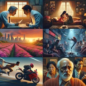 Film Genres Collage: Mystery, Romance, Action, Comedy