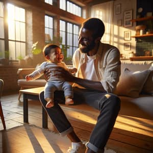 Happy South Asian Baby and Black Father in Cozy Family Home