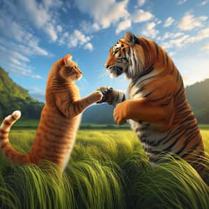 Tabby Cat and Tiger Playful Encounter in Tranquil Meadow