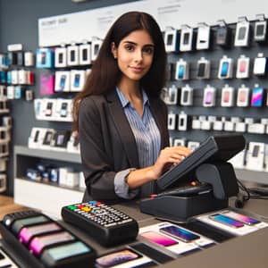 Hispanic Female Cashier at Mobile Phone Store | POS Terminal