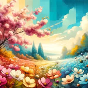 Radiant Spring Landscape | Blooming Flowers & Blue Sky Art