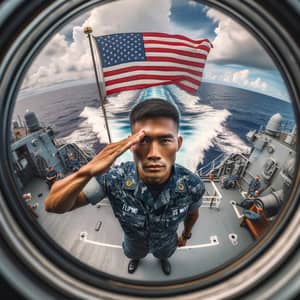 Filipino US Navy Sailor Saluting American Flag at Sea