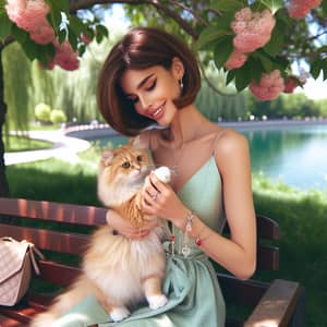 Attractive Middle-Eastern Girl with Ginger Cat in Park