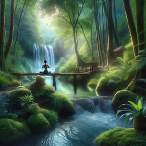 Tranquil Forest Scene with Waterfall and Yoga Practitioner
