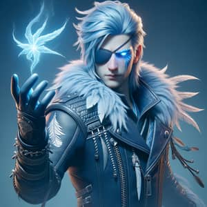 Blue-Haired Character in Leather Jacket with Icy Aura