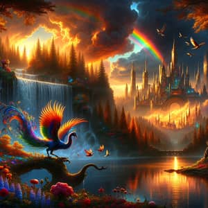Dramatic Scene at Dusk: Majestic Castle, Vibrant Rainbow, Enchanted Forest