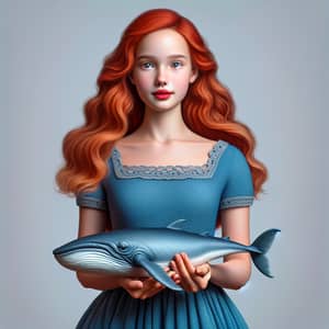 Realistic Model Girl with Red Hair Holding Tiny Whale