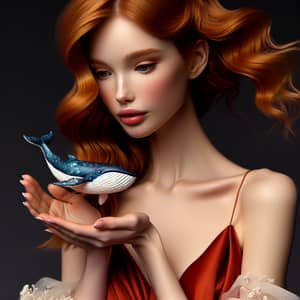 Elegant Model Girl Holding Miniature Whale | Red Hair
