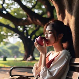 Asian Female Enjoying a Ripe Red Apple in a Tranquil Park Setting