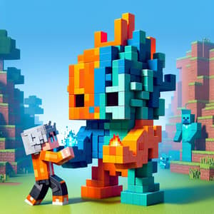 Minecraft-Style Character Friendly Tussle with Block-Like Creature