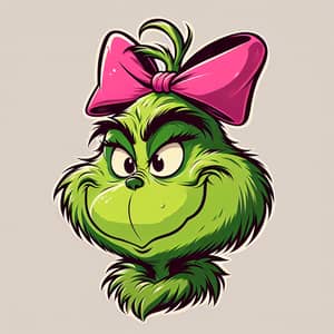 Famous Grinch Cartoon Illustration with Pink Bow