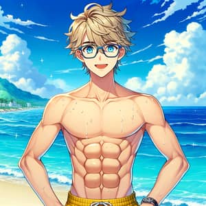 Anime-Style Teenager with Short Blonde Hair and Eight-Pack Abs on Beach