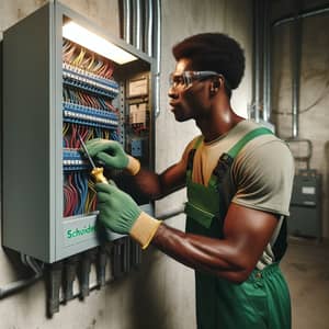 Experienced Black Electrician Interacting with Schneider Electrical Panel